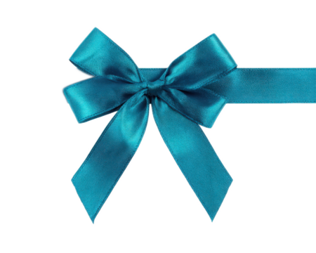 Elegant teal satin bow accentuating a smooth ribbon for gift wrapping or decorative purposes in a festive setting