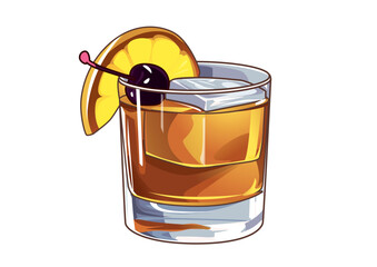 Illustration of an Old Fashioned cocktail with an orange slice and cherry garnish against white background. Cocktail concept