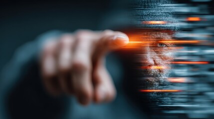 Fototapeta premium A mysterious figure points forward, with a blurred effect creating a sense of motion and intrigue, highlighting themes of technology and perception.