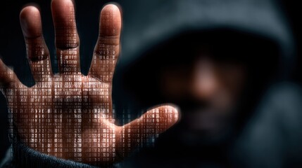 A shadowy figure in a hood raises a hand, against a backdrop of flowing binary code, evoking themes of mystery and digital secrecy.