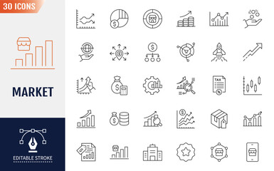 Market Line Editable Icons set. Include icons: company, budget, sales, and more. Vector illustration