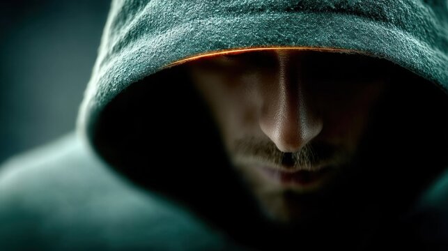 A close-up of a man in a hooded sweatshirt, with a focused expression, creating a mysterious and intense atmosphere. - Powered by Adobe