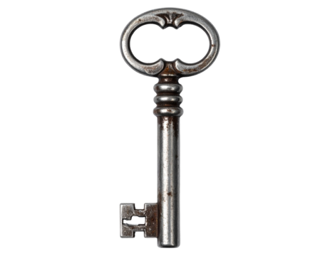 Old Fashioned Bronze and Silver Skeleton Key Lying Flat with Worn Patina, Top-Down View, Isolated