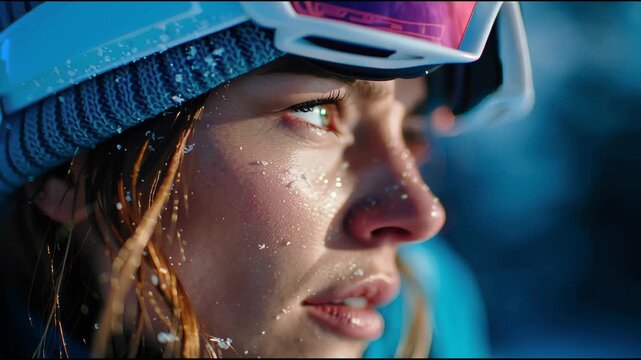 Close-up of a woman in ski goggles and winter gear with snowflakes on her face