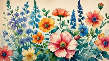 Overlapping flower prints of garden varieties in faded watercolor ink vintage illustration background