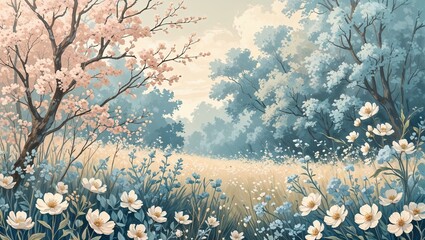 Painted meadow full of blossoms in blush ivory and soft blue hues vintage illustration background