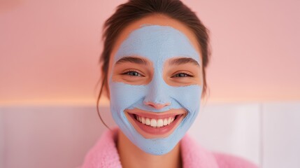 Teenage girl with a bright blue clay mask smiles joyfully, showcasing her skincare routine in a cozy, pastel-colored environment with soft lighting and a cheerful atmosphere