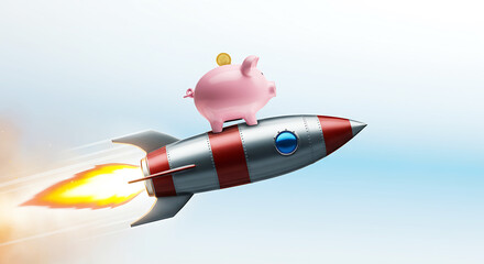 Piggy bank on rocket soars financial growth and investment strategies concept