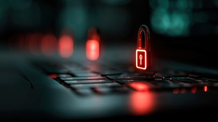 Fototapeta premium A glowing red padlock sits on a dark keyboard, symbolizing cybersecurity and digital protection in a modern technological environment.