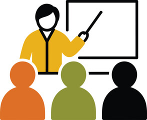 Teacher educating student at whiteboard with colorful drawings