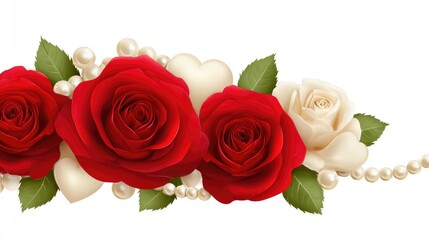 Naklejka premium Elegant Arrangement of Red and White Roses with Pearls and Hearts for Romantic Occasions, Weddings, and Celebrations Capturing Unforgettable Moments of Love and Beauty