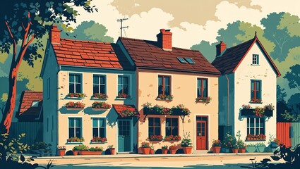 Obraz premium Small village house with flower pots lining the windowsills vintage illustration background