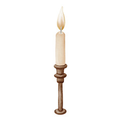 Watercolor illustration of a burning candle in a vintage holder, painted in a cozy children’s book style. Perfect for Christmas cards, winter decor, posters, and holiday designs.