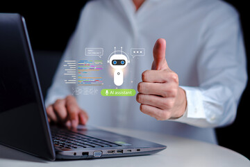 Person Giving Thumbs Up to Virtual AI Assistant While Using Laptop with Digital Interface for Technology, Innovation and Modern Communication