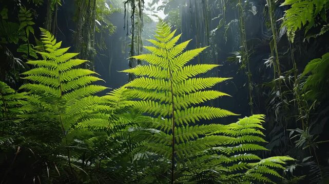 lush green fern leaves, dense tropical foliage, dark jungle background