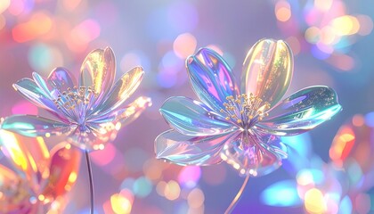 Abstract 3D crystal-like flowers refracting rainbow light, holographic look, futuristic floral fantasy, high detail and soft shine.