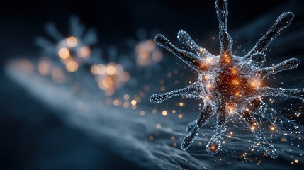 A detailed illustration of a virus, showcasing its structure with glowing features against a dark background, highlighting its complexity and beauty.