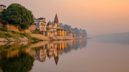 Obraz premium Scenic view of ancient architecture along riverbank during sunrise with serene reflections, displaying the beauty of historical structures and nature's tranquility.