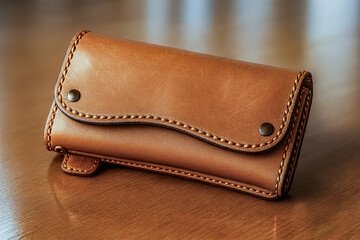 Light brown long leather wallet with two buttons.