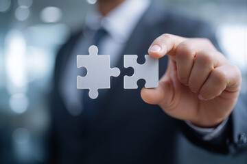 Businessman connects puzzle pieces during a strategy session in a modern office setting