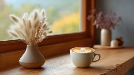 Cozy Coffee Scene with Latte Art and Decorative Dried Flowers in a Bright, Minimalist Interior Setting near a Window with Soft Natural Light