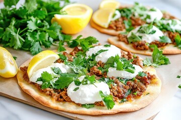Delicious homemade pizza with ground beef, ricotta, and fresh herbs on rustic wooden board
