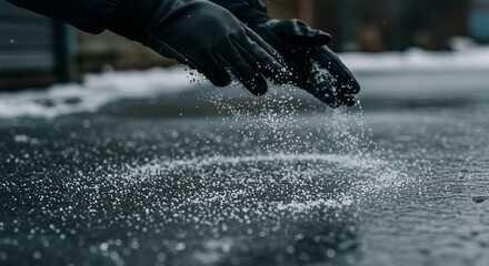 Close-up of a person in black gloves spreading de-icing salt on a frozen, icy pavement during winter.