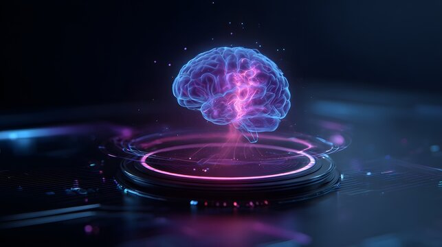 Glowing brain hologram floats above futuristic digital interface with neon lights.