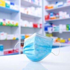 Blue face mask on white surface in pharmacy, blurred background of medications