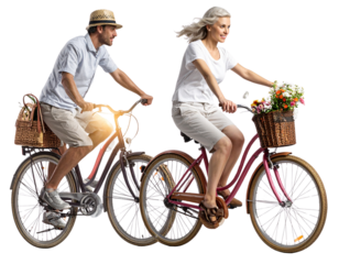  Rear View of Couple on Bicycles Wearing Summer Attire in Urban Style isolated on transparent background PNG