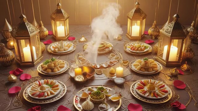 luxurious ramadan iftar table filled with traditional middle eastern food, bread, meat, fruits, nuts, glowing islamic lanterns, warm candlelight, smoke rising from dishes