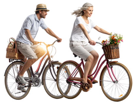 Rear View of Couple on Bicycles Wearing Summer Attire in Urban Style isolated on transparent background PNG