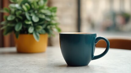 A Calm Scene with a Blue Coffee Mug on a Marble Table Beside a Potted Plant, Perfect for Evoking a Cozy and Inviting Atmosphere in a Caf&eacute; Setting