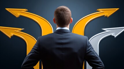 A businessman stands facing multiple directional arrows, symbolizing choices and decision-making in a professional environment. Ideal for concepts of leadership and guidance.