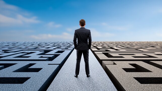 A businessman stands at the entrance of a complex maze, contemplating his choices and the challenges ahead. The clear sky above symbolizes potential and opportunities.