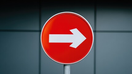 Circular Red Sign with White Arrow Indicating Right Direction Surrounded by Smooth Gray Background for Urban Navigation and Traffic Guidance Use