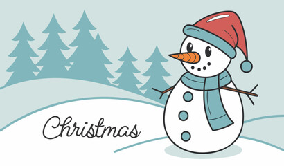 Little snowman in a cap and a scarf on snow in the winter. Christmas card with a lovely snowman, copy space