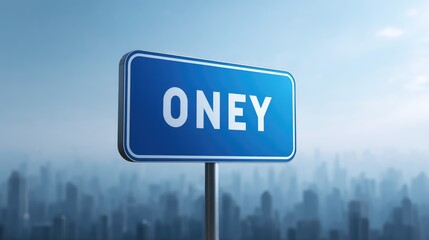 Obraz premium Minimalist Urban Scene Featuring Blue Street Sign with Bold White Letters Against a Soft Focus Skyline, Evoking a Modern City Vibe and Contemporary Lifestyle