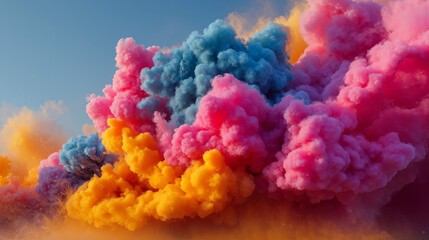 Fototapeta premium Colorful smoke bomb creates vibrant display against blue sky during outdoor event