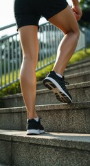 Fototapeta premium A man wearing shorts and sneakers climbs the stairs.