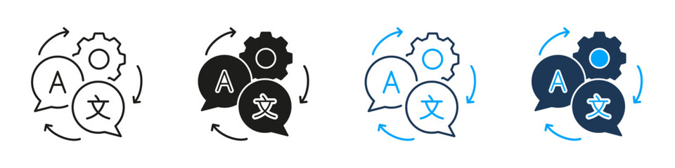 Language Translation And Automation Line And Solid Icon Set. Multilingual Communication And Machine Translation Symbol Collection. Global Connectivity And Technology. Isolated Vector Illustration