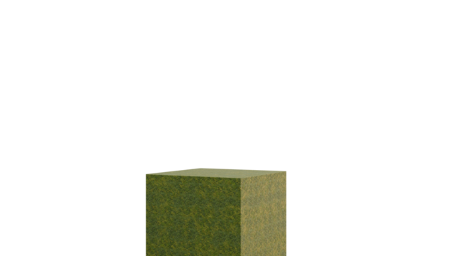 3D A simple small green moss-covered cube podium against a white background
