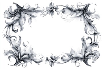 Elegant floral frame with detailed black and white sketched flowers and swirling accents