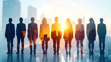 Radiant diverse business team silhouettes of job interview and business meeting in urban office collaboration and growth
