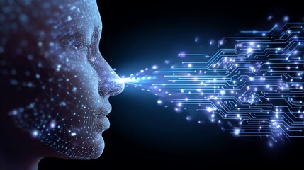 Naklejka premium A futuristic depiction of a digital face emitting data streams, symbolizing artificial intelligence and the intersection of humanity with technology