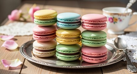 Fototapeta premium Macarons stacked on a silver plate with a teacup spoon doily rose petals and wooden table