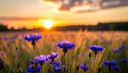 Blue flowers blooming in a field at sunset with a golden glow