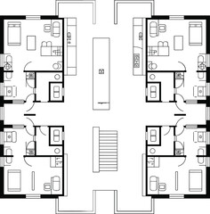 Multi-unit residential plan, symmetrical layout, vector illustration, CAD drawing, flat style, four apartments, staircase, hallway, kitchen, bathroom