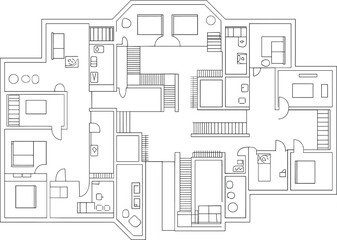 Residential floor plan, four-bedroom layout, vector illustration, CAD drawing, flat style, kitchen, bathroom, living room, staircase, hallway