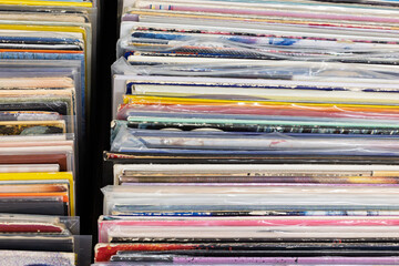 Used vinyl records for sale at a local vintage record store